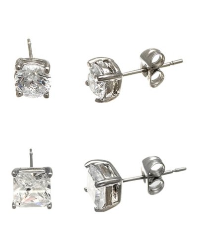 Round and Square CZ Stud Earrings - 2 Pair