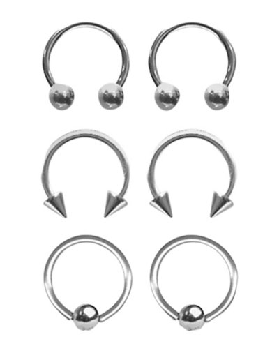 "Multi-Pack Silvertone Captive Bead and Horseshoe Rings 3 Pair - 16 Gau"