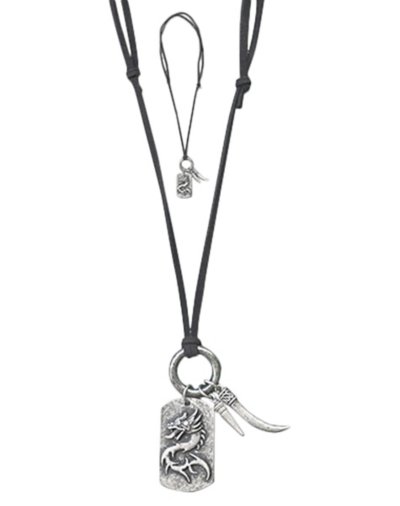 Leather Horn and Dragon Dog Tag Necklace