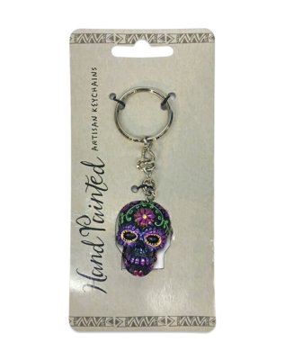 "Handpainted Sugar Skull Key Chain Purple"