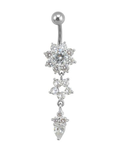 CZ Flower Dangle Belly Ring - 14 Gauge