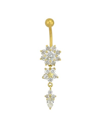 Goldtone CZ Flower Dangle Belly Ring - 14 Gauge