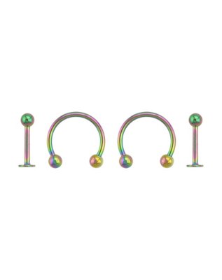 "Multi-Pack Rainbow Plated Horseshoe and Labret Lip Rings 4 Pack - 16 G"