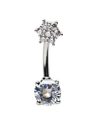 "CZ Silvertone Banana Belly Ring - 14 Gauge"