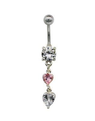 "CZ Pink Heart Dangle Belly Ring - 14 Gauge"