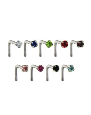 "CZ Multi-Colored L Bend Nose Rings 9 Pack - 20 Gauge"