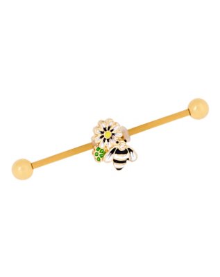 "Goldplated Flower Bee Industrial Barbell - 14 Gauge"