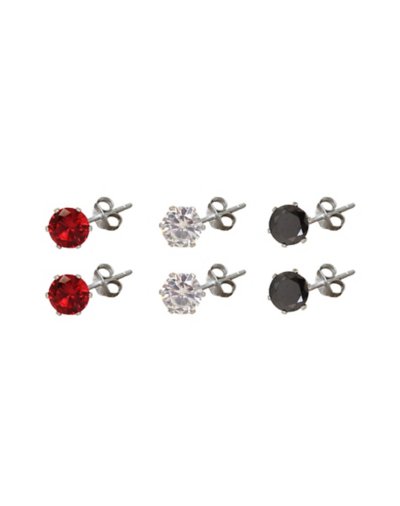 Red and Black CZ Stud Earrings - 3 Pair