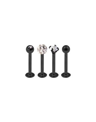 "Black and Silvertone CZ Labret Lip Ring 4 Pack - 16 Gauge"