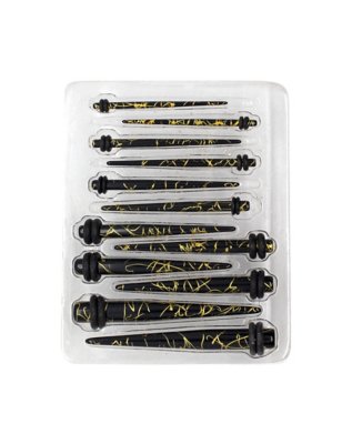 "Black and Goldtone Marble Ear Tapers Kit - 6 Pair"