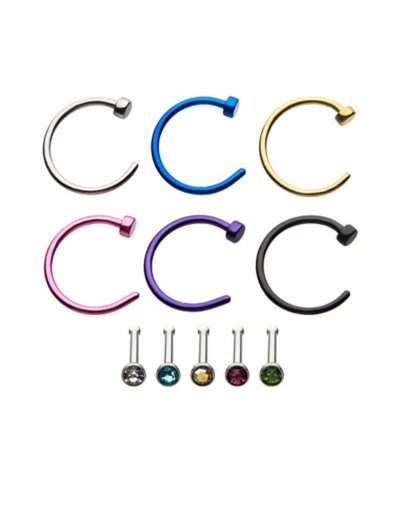 Multi-Pack Colored Hoop Nose Rings and CZ Bone Nose Rings - 12 Pack