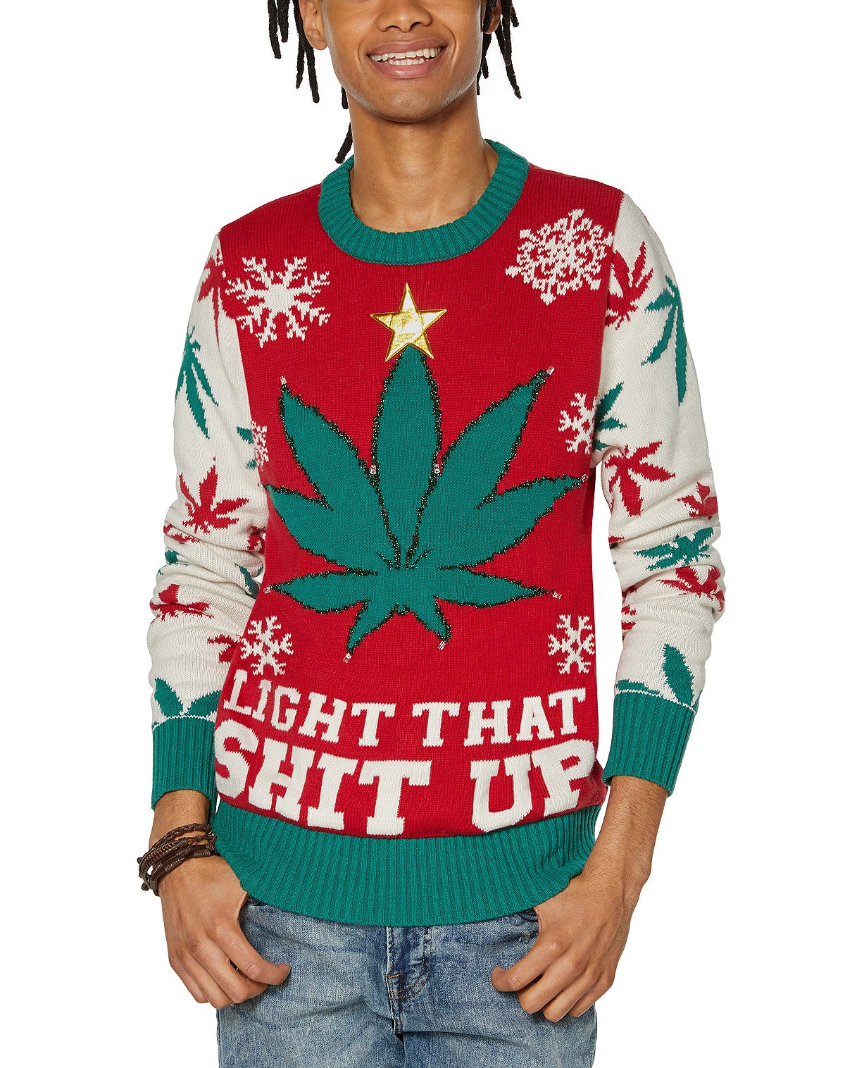 Light-Up Weed Leaf Light That Shit Up Ugly Christmas Sweater