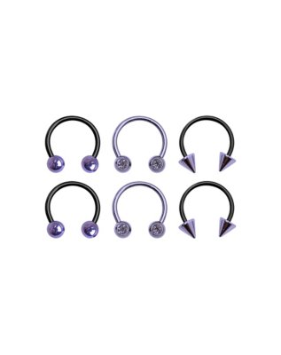 "Multi-Pack Ombre Black and Purple Horseshoe and Captive Rings 6 Pack -"
