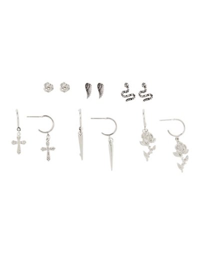 Multi-Pack Silvertone Rose and Snake Earrings - 6 Pair