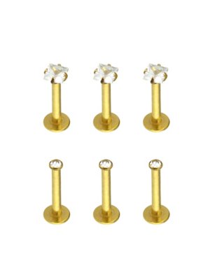 "Multi-Pack Goldtone CZ Labret Lip Rings 6 Pack - 16 Gauge"