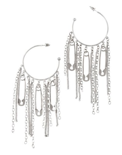 Silvertone Safety Pin Chain Hoop Earrings