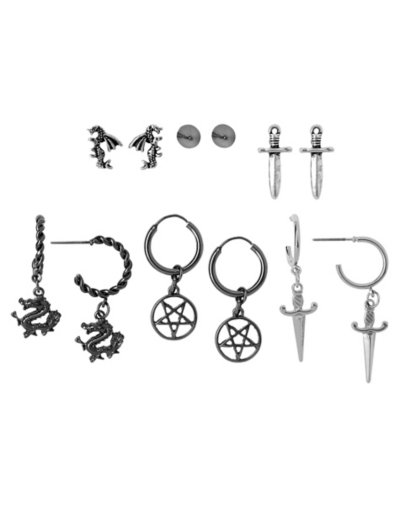 Multi-Pack Pentagram and Dragon Hoop and Stud Earrings û 6 Pair