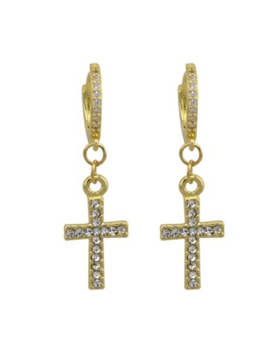 CZ Goldtone Cross Dangle Huggie Hoop Earrings - 18 Gauge