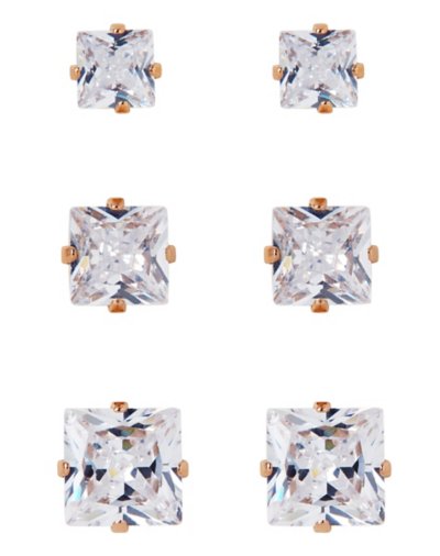 Multi-Pack Rose Goldtone CZ Square Stud Earrings 3 Pack û 20 Gauge