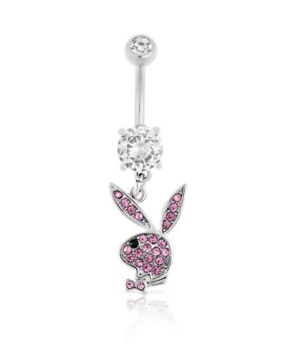 "Pink CZ Playboy Bunny Dangle Belly Ring - 14 Gauge"