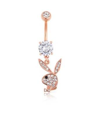 "Rose Goldtone Clear CZ Playboy Bunny Dangle Belly Ring - 14 Gauge"