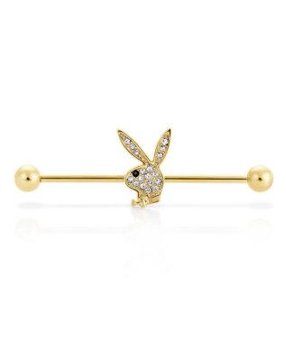 "Goldtone Clear CZ Playboy Bunny Industrial Barbell - 14 Gauge"