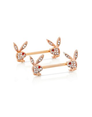 "Rose Goldtone Clear CZ Playboy Bunny Nipple Barbells"