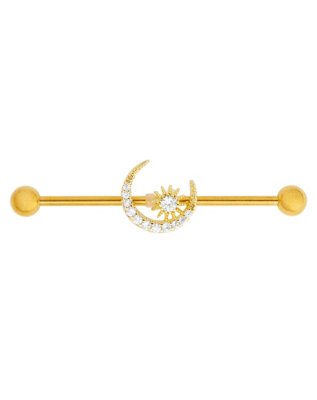 "Goldplated CZ Sun and Moon Industrial Barbell - 14 Gauge"