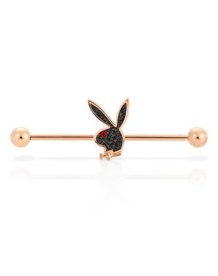 "Rose Goldtone Black Glitter Playboy Bunny Industrial Barbell - 14 Gaug"