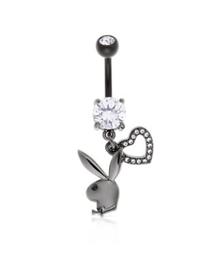 "Black Clear CZ Playboy Bunny Heart Dangle Belly Ring - 14 Gauge"