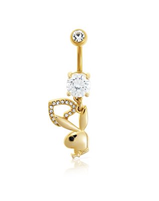 "Goldtone Clear CZ Playboy Bunny Heart Dangle Belly Ring - 14 Gauge"