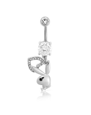 "Clear CZ Playboy Bunny Heart Dangle Belly Ring - 14 Gauge"