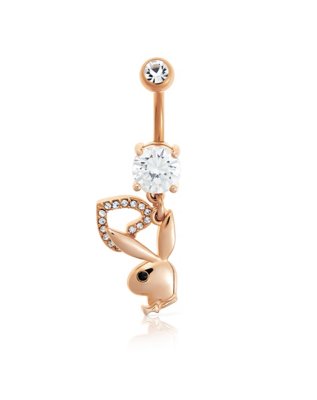 "Rose Goldtone Clear CZ Playboy Bunny Heart Dangle Belly Ring - 14 Gaug"