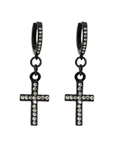 CZ Black Cross Dangle Huggie Hoop Earrings - 18 Gauge