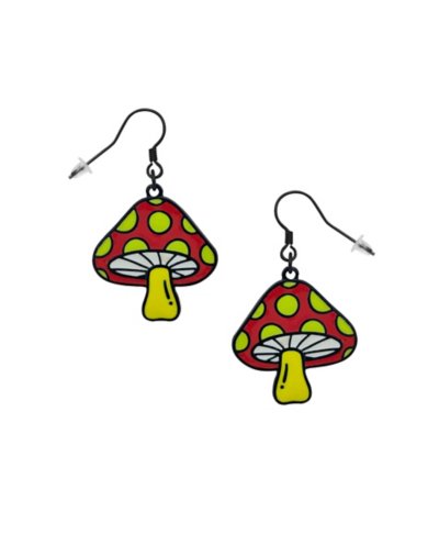 Red and Yellow Mushroom Dangle Earrings - 18 Gauge