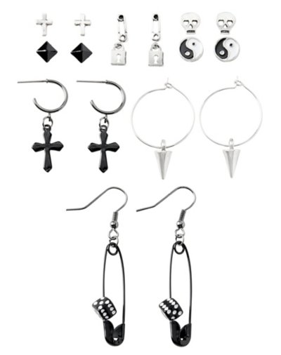 Multi-Pack Assorted Cross Skull Lock Stud and Dangle Earrings - 9 Pack