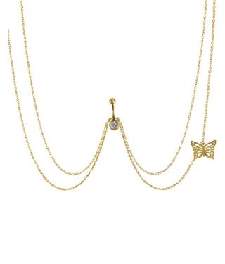CZ Butterfly Chain Belly Ring - 14 Gauge