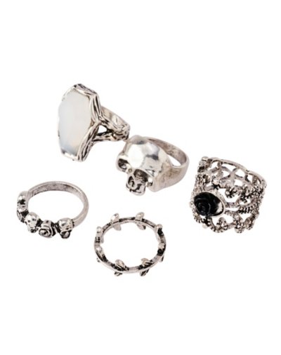 Multi-Pack Skull Stone and Rose Rings - 5 Pack