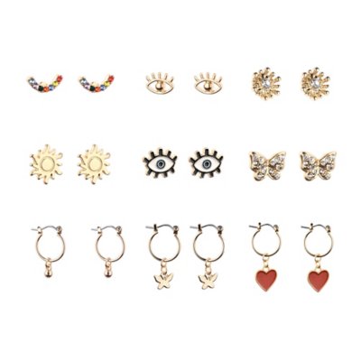 Multi-Pack Gold Plated Assorted Charm and Hoop Earrings- 9 Pairs