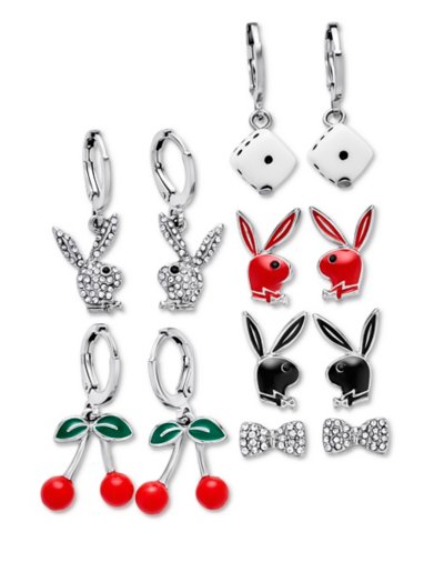 Multi-Pack Assorted Red and Black Playboy Bunny Dangle Earrings - 6 Pa