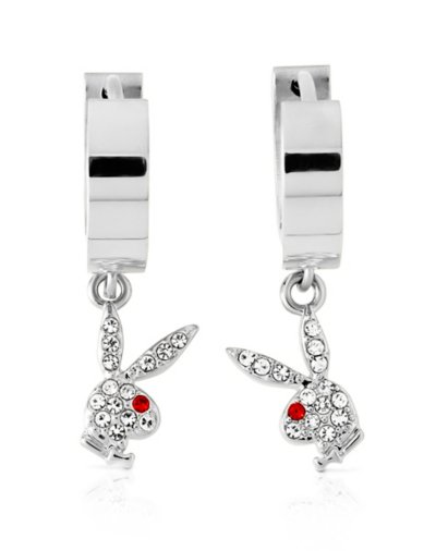 Playboy Bunny Silvertone Clear and Red Gem Huggie Hoop Dangle Earrings