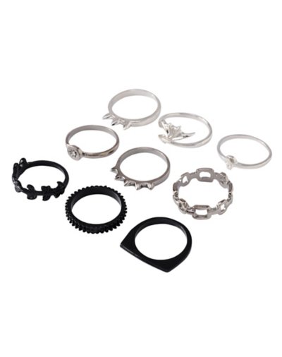 Multi-Pack Spike Skull and Wing Rings - 9 Pack