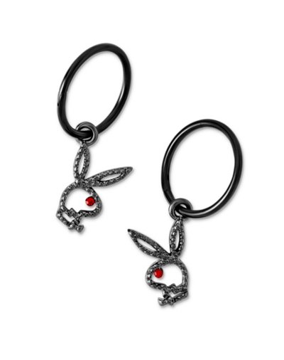 CZ Black Playboy Cutout Hoop Dangle Earrings - 18 Gauge