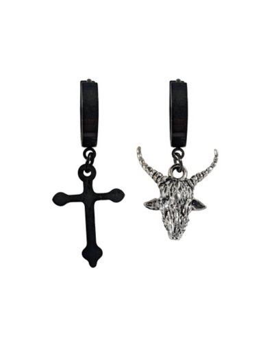 Baphomet and Cross Huggie Dangle Earrings - 18 Gauge