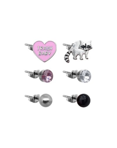 Multi-Pack CZ Raccoon and Heart Stud Earrings 6 Pack - 18 Gauge