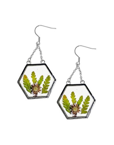 Resin Flower Hexagon Dangle Earrings - 18 Gauge