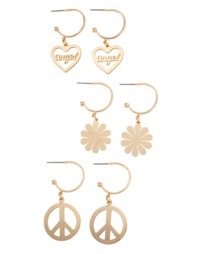 Multi-Pack Angel Flower and Peace Sign Huggie Hoop Earrings - 3 Pairs