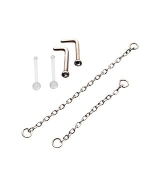 Multi-Pack CZ L-Bend Nose Rings and Nose Chains 2 Pair - 18 Gauge