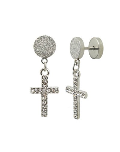 CZ Silvertone Cross Dangle Fake Plugs