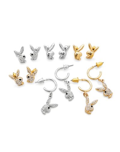 Multi-Pack Clear Gem Goldtone and Silvertone Playboy Bunny Stud Earrin